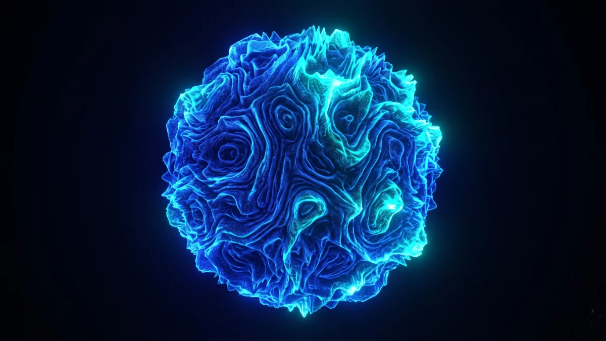 Una esfera abstracta en 3D con una superficie de ruido orgánico texturizada que brilla en azul y cian. La esfera está centrada contra un fondo negro oscuro, mostrando patrones topológicos intrincados que se asemejan a formas biológicas o geológicas, con una estética de sombreador GLSL técnico y minimalista.