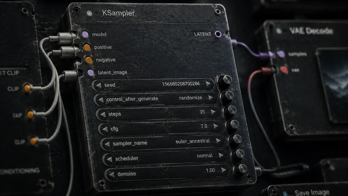 Nodo KSampler de ComfyUI representado como módulo físico de hardware con parámetros visibles, conectores y cables en una interfaz técnica oscura.